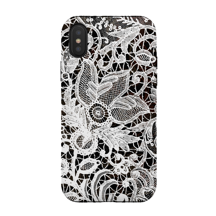 iPhone Xs / X StrongFit White floral vintage lace on black by Oana 
