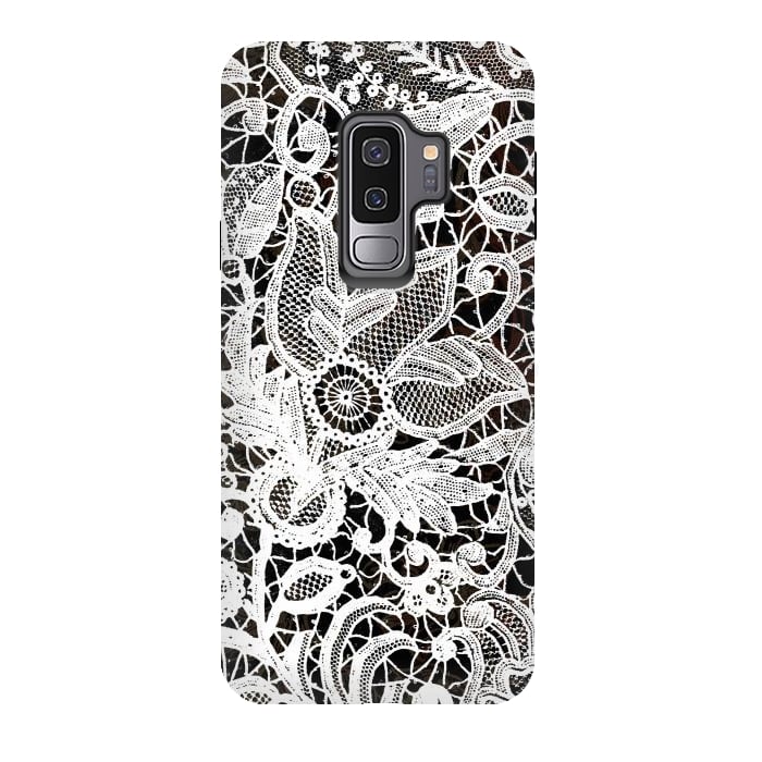 Galaxy S9 plus StrongFit White floral vintage lace on black by Oana 