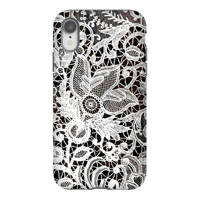 iPhone Xr StrongFit White floral vintage lace on black by Oana 