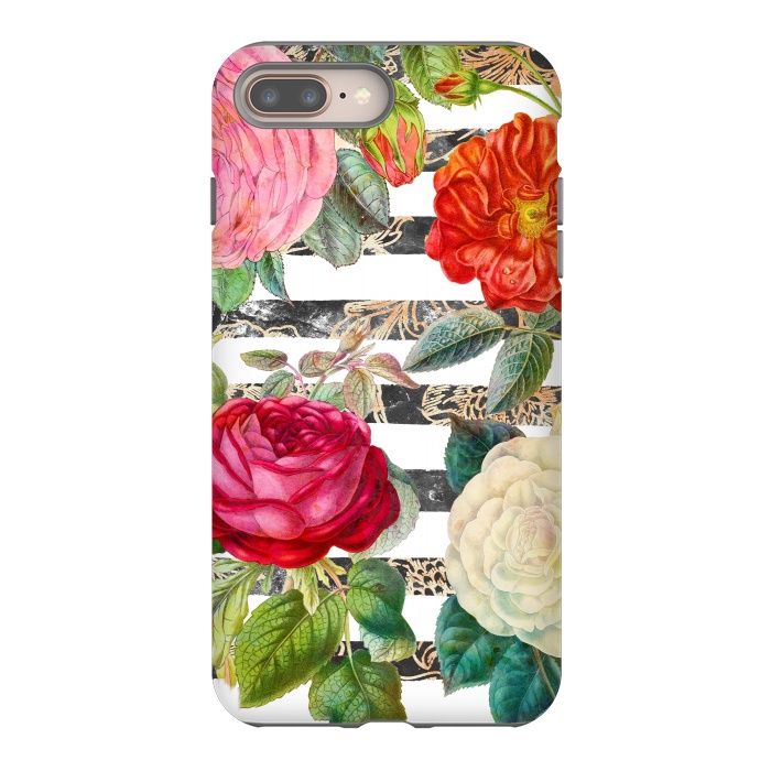 iPhone 7 plus StrongFit Vibrant romantic botanical flowers and white stripes by Oana 