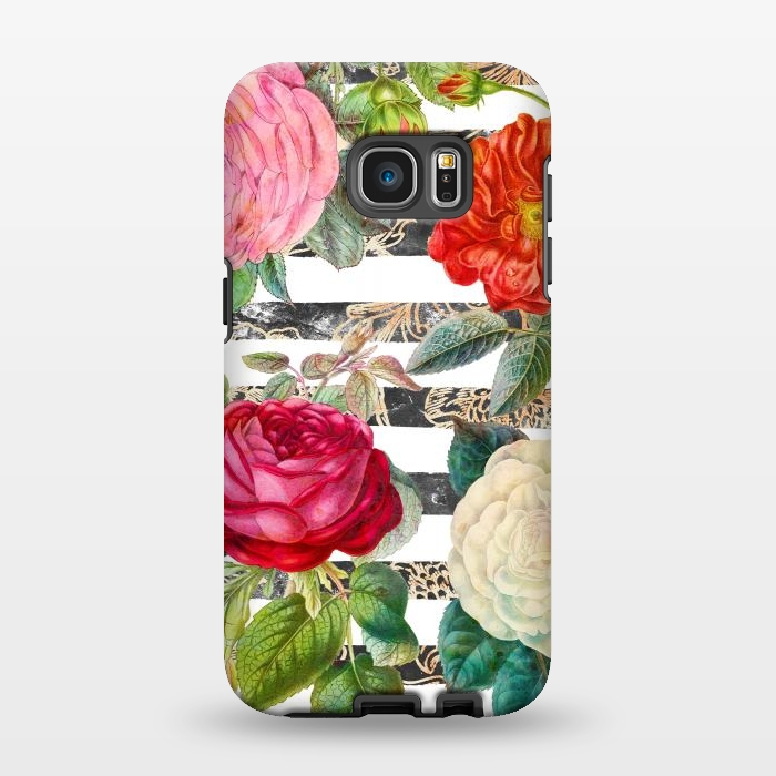 Galaxy S7 EDGE StrongFit Vibrant romantic botanical flowers and white stripes by Oana 