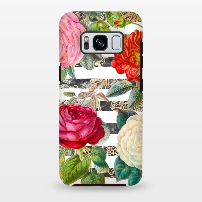 Galaxy S8 plus StrongFit Vibrant romantic botanical flowers and white stripes by Oana 