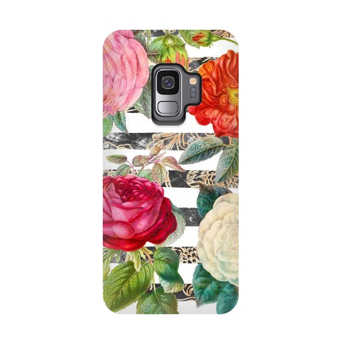 Galaxy S9 StrongFit Vibrant romantic botanical flowers and white stripes by Oana 
