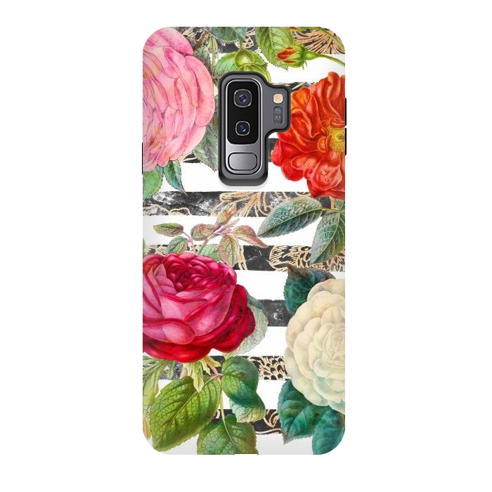 Galaxy S9 plus StrongFit Vibrant romantic botanical flowers and white stripes by Oana 