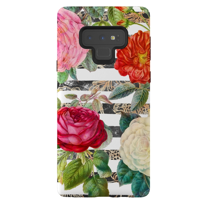 Galaxy Note 9 StrongFit Vibrant romantic botanical flowers and white stripes by Oana 