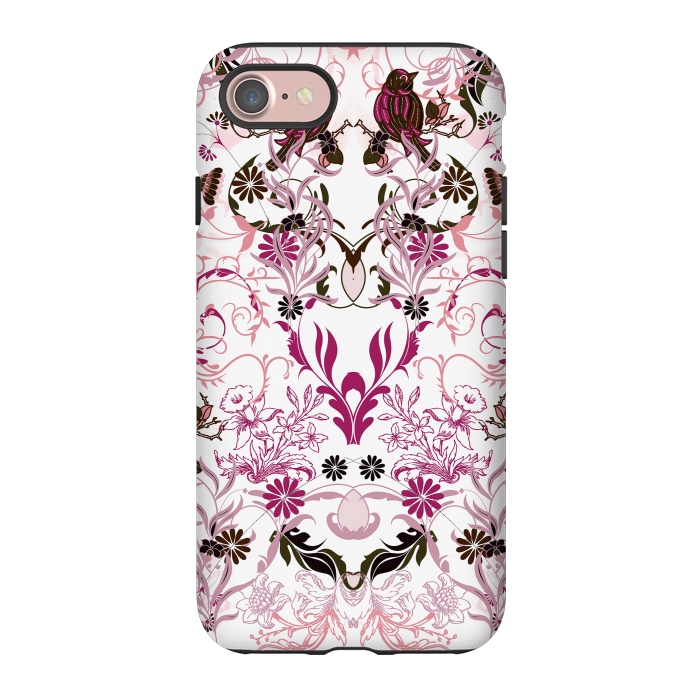 iPhone 7 StrongFit Blush pink and fuchsia flowers, foliage and birds by Oana 
