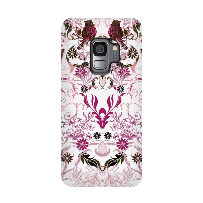 Galaxy S9 StrongFit Blush pink and fuchsia flowers, foliage and birds by Oana 