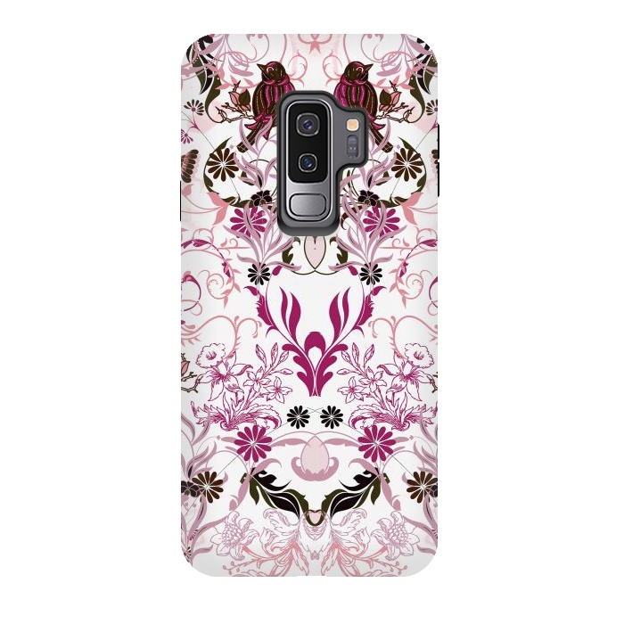 Galaxy S9 plus StrongFit Blush pink and fuchsia flowers, foliage and birds by Oana 