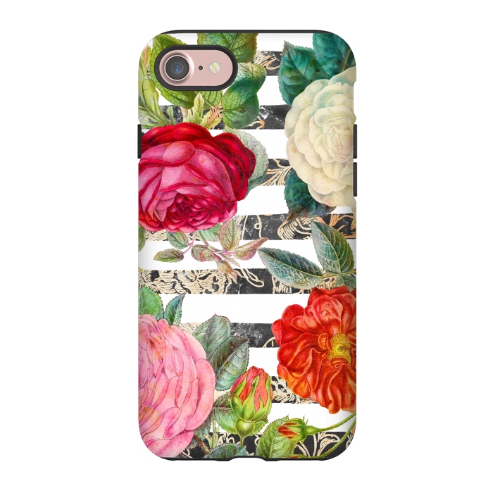 iPhone 7 StrongFit Colorful roses botanical illustration on white stripes by Oana 