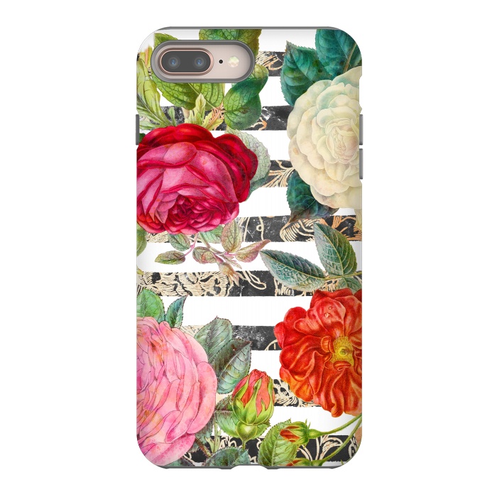 iPhone 7 plus StrongFit Colorful roses botanical illustration on white stripes by Oana 