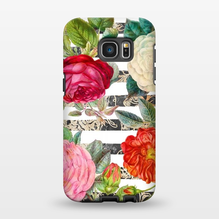 Galaxy S7 EDGE StrongFit Colorful roses botanical illustration on white stripes by Oana 