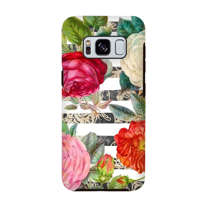 Galaxy S8 StrongFit Colorful roses botanical illustration on white stripes by Oana 