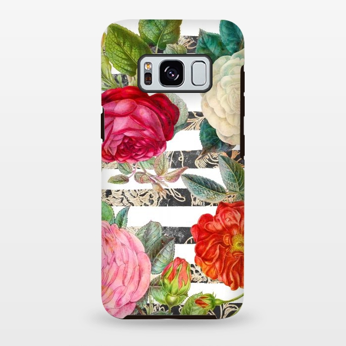 Galaxy S8 plus StrongFit Colorful roses botanical illustration on white stripes by Oana 