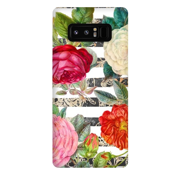 Galaxy Note 8 StrongFit Colorful roses botanical illustration on white stripes by Oana 