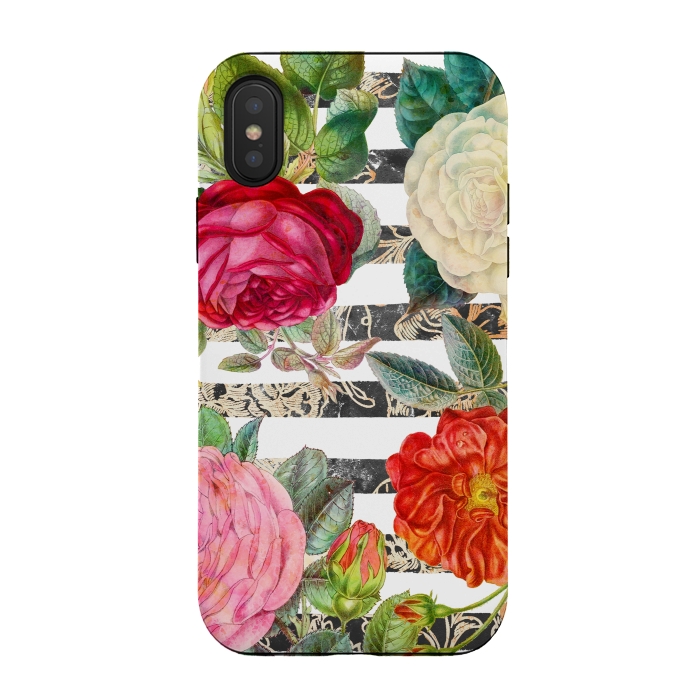 iPhone Xs / X StrongFit Colorful roses botanical illustration on white stripes by Oana 