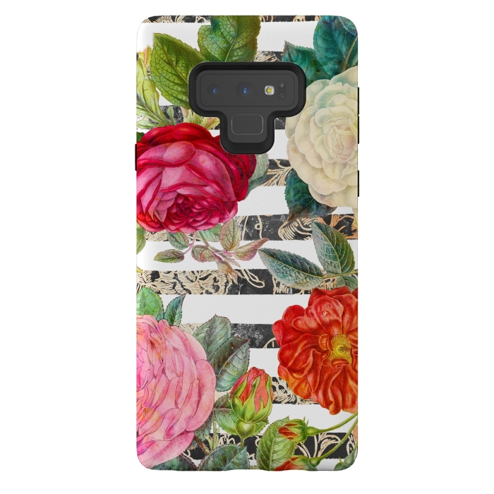 Galaxy Note 9 StrongFit Colorful roses botanical illustration on white stripes by Oana 