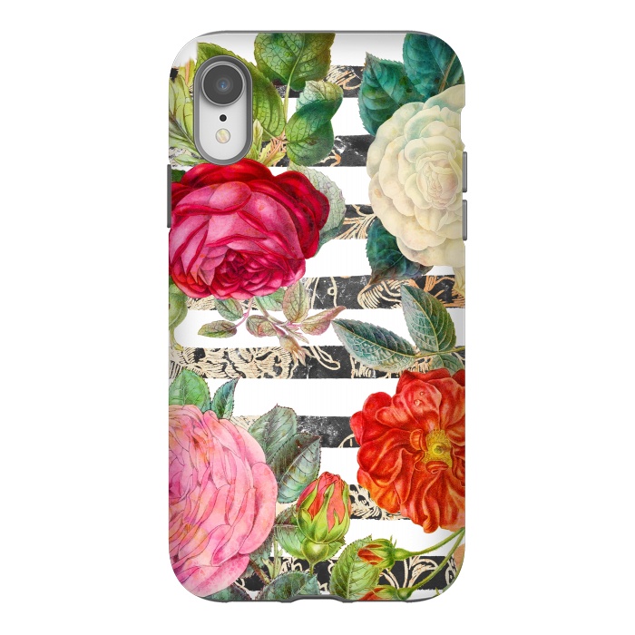 iPhone Xr StrongFit Colorful roses botanical illustration on white stripes by Oana 