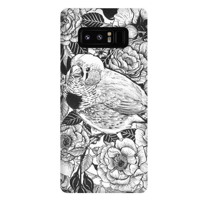 Galaxy Note 8 StrongFit Zebra finch and rose bush ink drawing by Katerina Kirilova