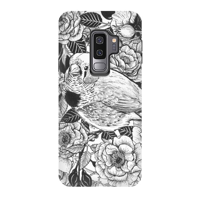 Galaxy S9 plus StrongFit Zebra finch and rose bush ink drawing by Katerina Kirilova