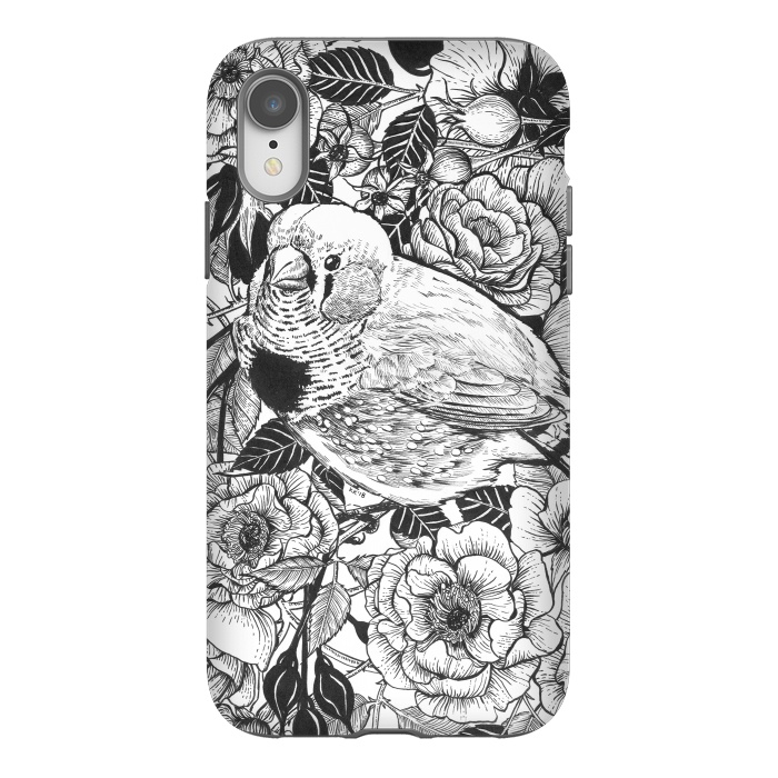 iPhone Xr StrongFit Zebra finch and rose bush ink drawing by Katerina Kirilova