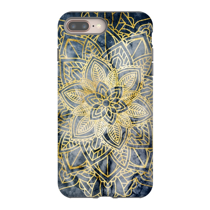 iPhone 7 plus StrongFit Golden mandala petals on navy marble by Oana 