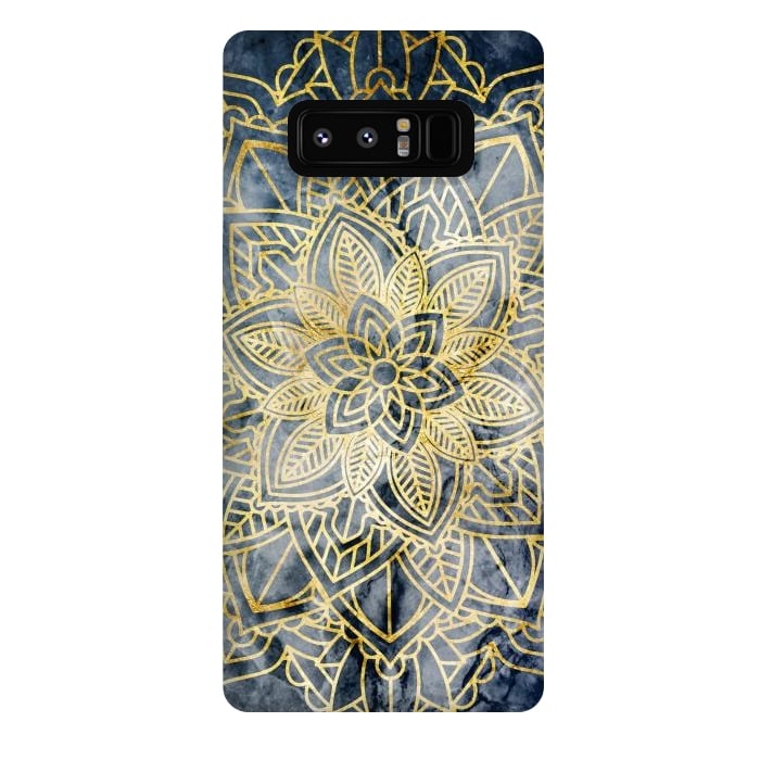 Galaxy Note 8 StrongFit Golden mandala petals on navy marble by Oana 
