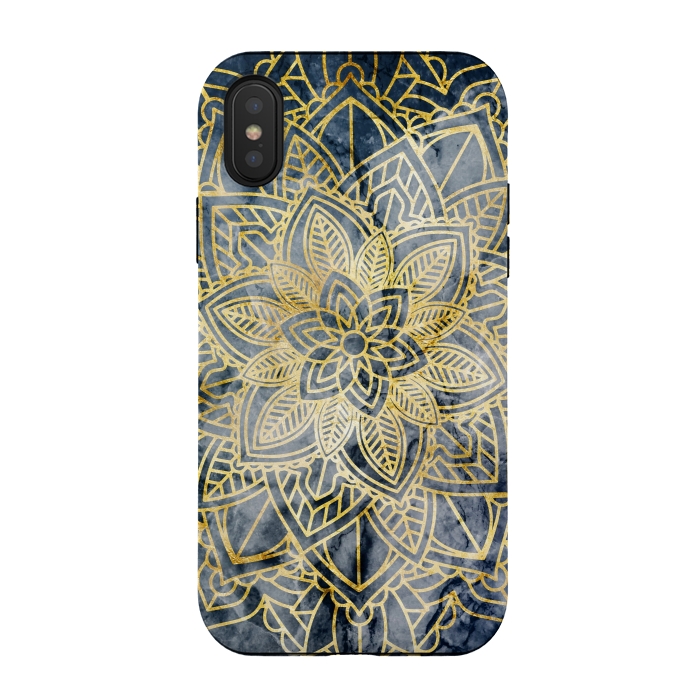 iPhone Xs / X StrongFit Golden mandala petals on navy marble by Oana 