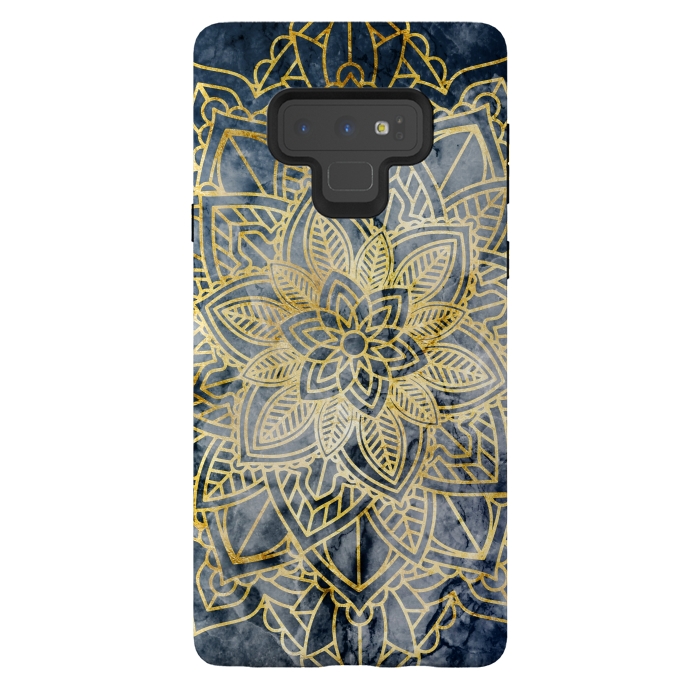 Galaxy Note 9 StrongFit Golden mandala petals on navy marble by Oana 