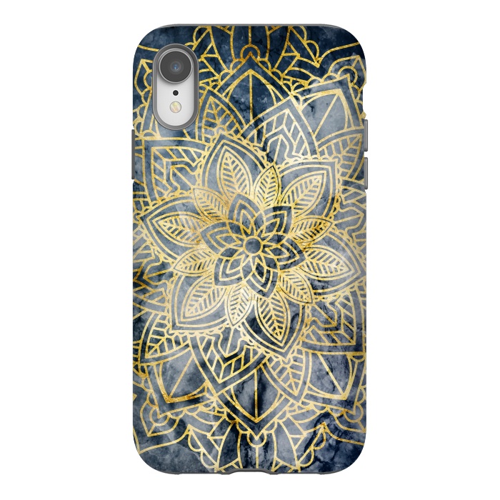 iPhone Xr StrongFit Golden mandala petals on navy marble by Oana 