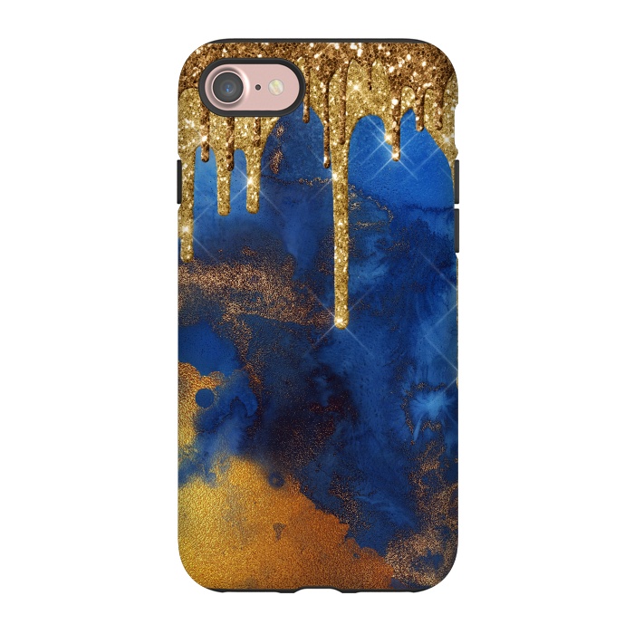 iPhone 7 StrongFit Raining Gold Glitter and Foil on Indigo Marble Ink by  Utart