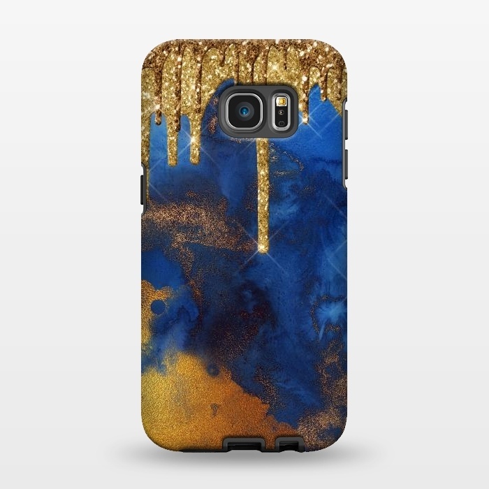 Galaxy S7 EDGE StrongFit Raining Gold Glitter and Foil on Indigo Marble Ink by  Utart