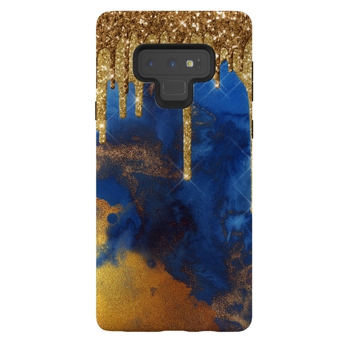 Galaxy Note 9 StrongFit Raining Gold Glitter and Foil on Indigo Marble Ink by  Utart