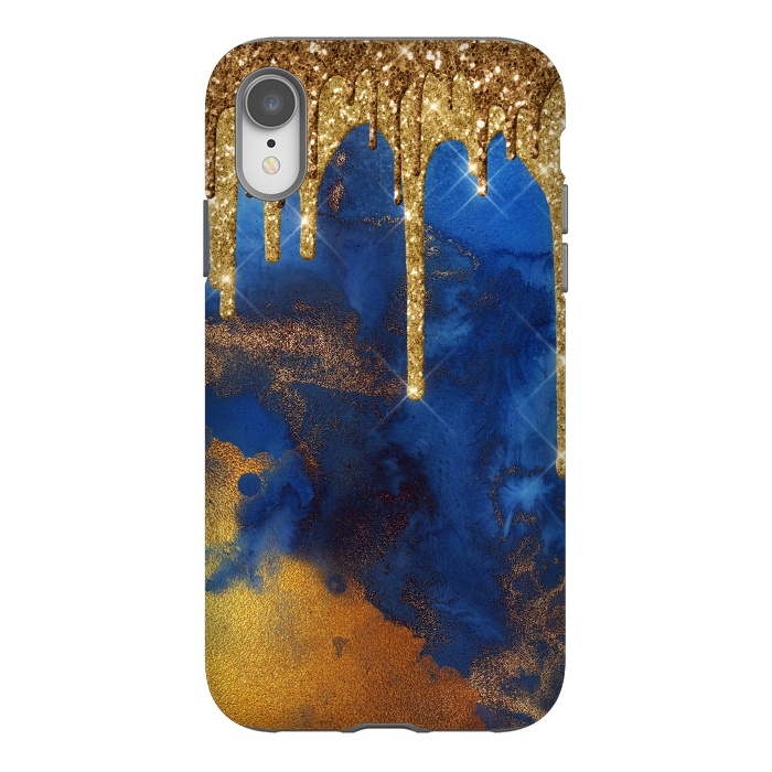 iPhone Xr StrongFit Raining Gold Glitter and Foil on Indigo Marble Ink by  Utart