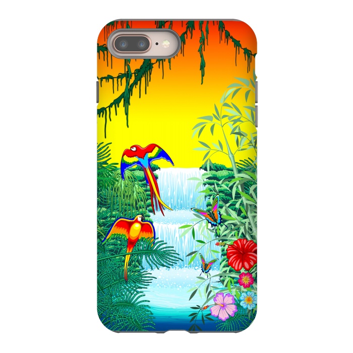 iPhone 7 plus StrongFit Waterfall Macaws and Butterflies on Exotic Landscape by BluedarkArt