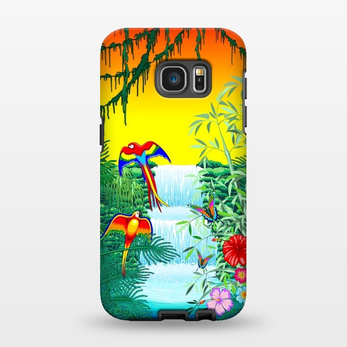 Galaxy S7 EDGE StrongFit Waterfall Macaws and Butterflies on Exotic Landscape by BluedarkArt