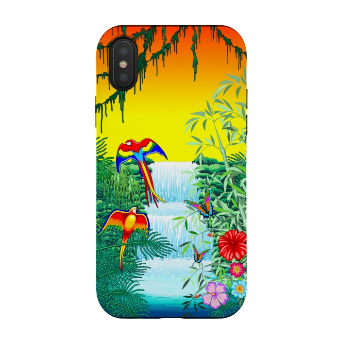 iPhone Xs / X StrongFit Waterfall Macaws and Butterflies on Exotic Landscape by BluedarkArt