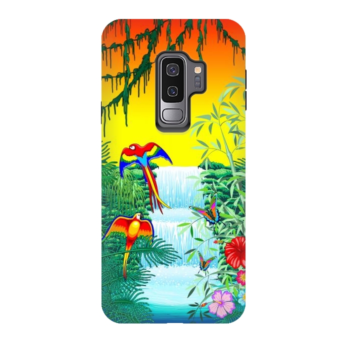 Galaxy S9 plus StrongFit Waterfall Macaws and Butterflies on Exotic Landscape by BluedarkArt