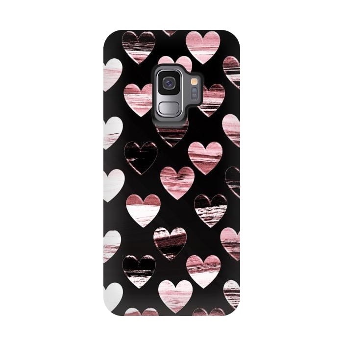 Galaxy S9 StrongFit Pink white brushed chocolate hearts on black backgroung by Oana 