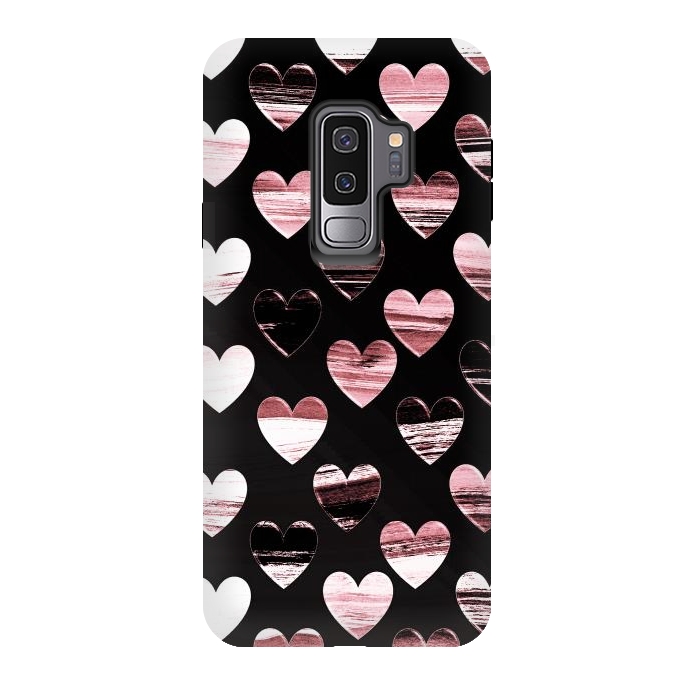 Galaxy S9 plus StrongFit Pink white brushed chocolate hearts on black backgroung by Oana 