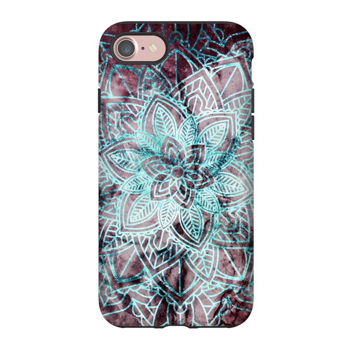 iPhone 7 StrongFit Blue metallic floral mandala on dark cherry red marble by Oana 