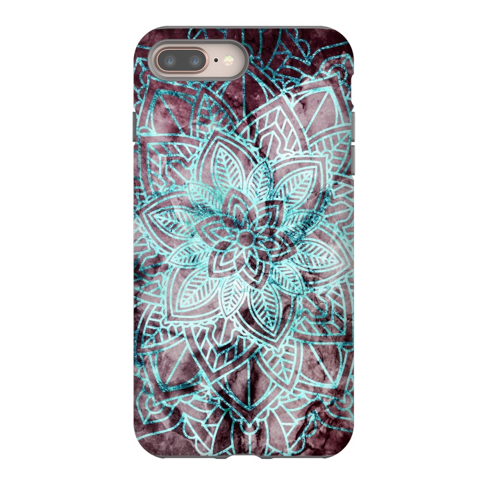 iPhone 7 plus StrongFit Blue metallic floral mandala on dark cherry red marble by Oana 