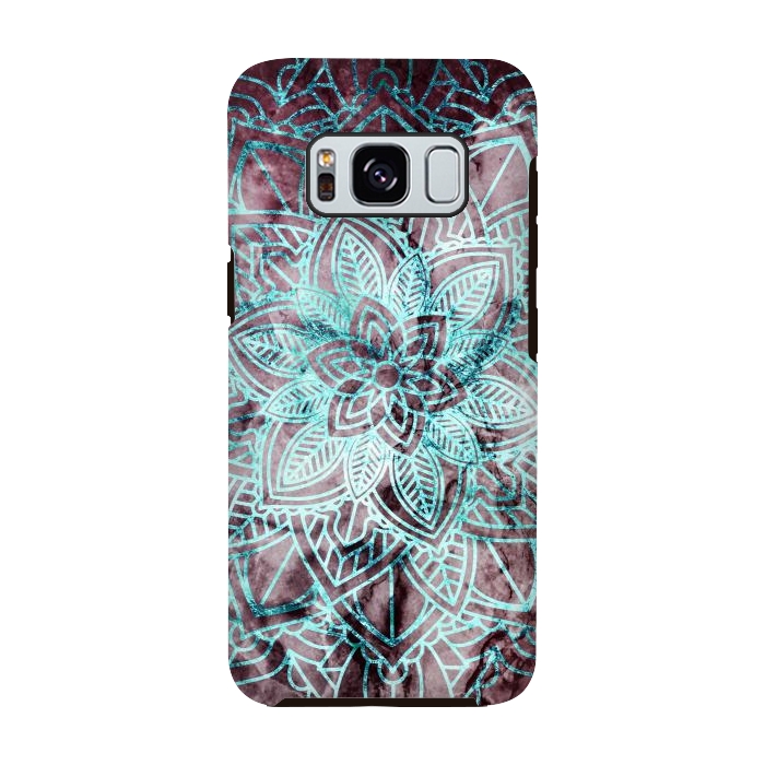 Galaxy S8 StrongFit Blue metallic floral mandala on dark cherry red marble by Oana 