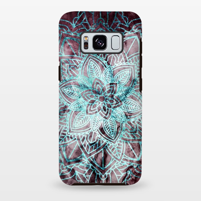Galaxy S8 plus StrongFit Blue metallic floral mandala on dark cherry red marble by Oana 