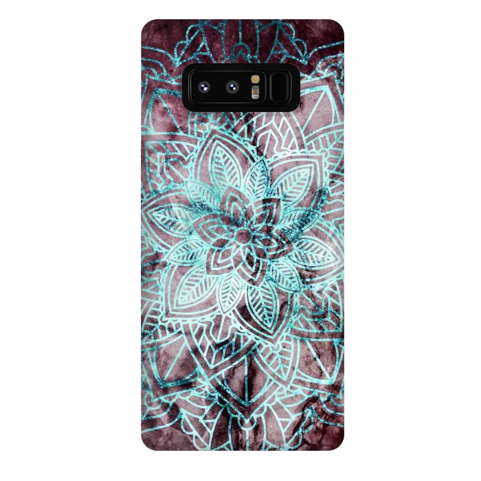 Galaxy Note 8 StrongFit Blue metallic floral mandala on dark cherry red marble by Oana 