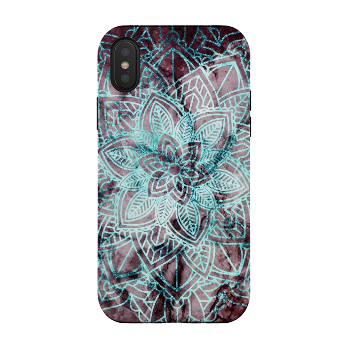 iPhone Xs / X StrongFit Blue metallic floral mandala on dark cherry red marble by Oana 
