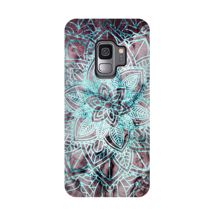 Galaxy S9 StrongFit Blue metallic floral mandala on dark cherry red marble by Oana 