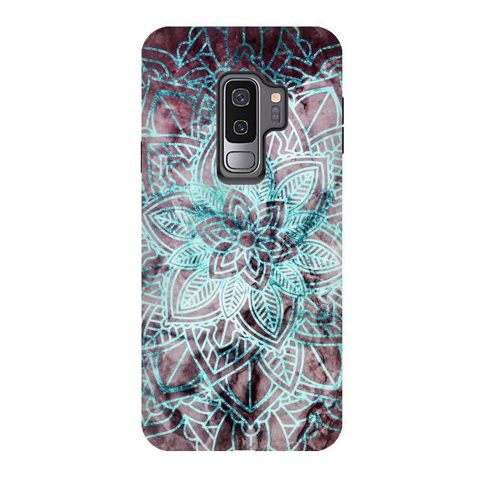 Galaxy S9 plus StrongFit Blue metallic floral mandala on dark cherry red marble by Oana 
