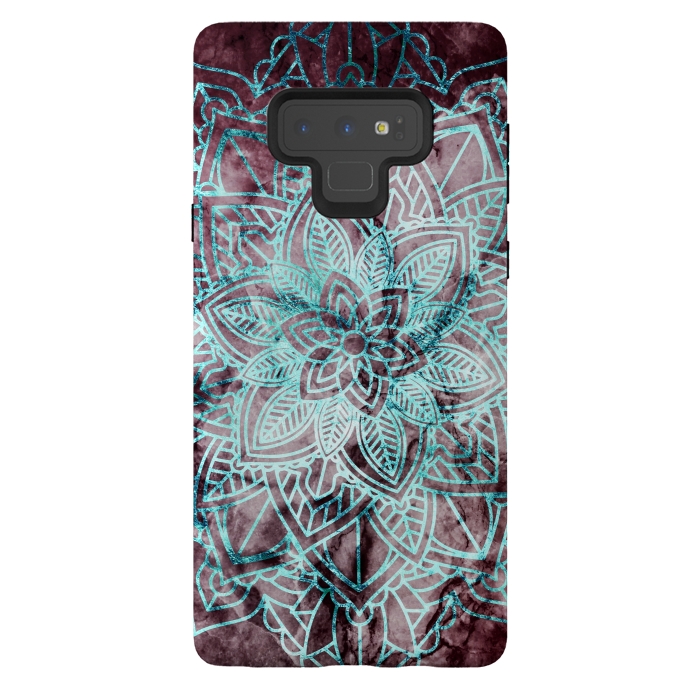 Galaxy Note 9 StrongFit Blue metallic floral mandala on dark cherry red marble by Oana 