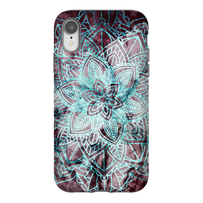 iPhone Xr StrongFit Blue metallic floral mandala on dark cherry red marble by Oana 