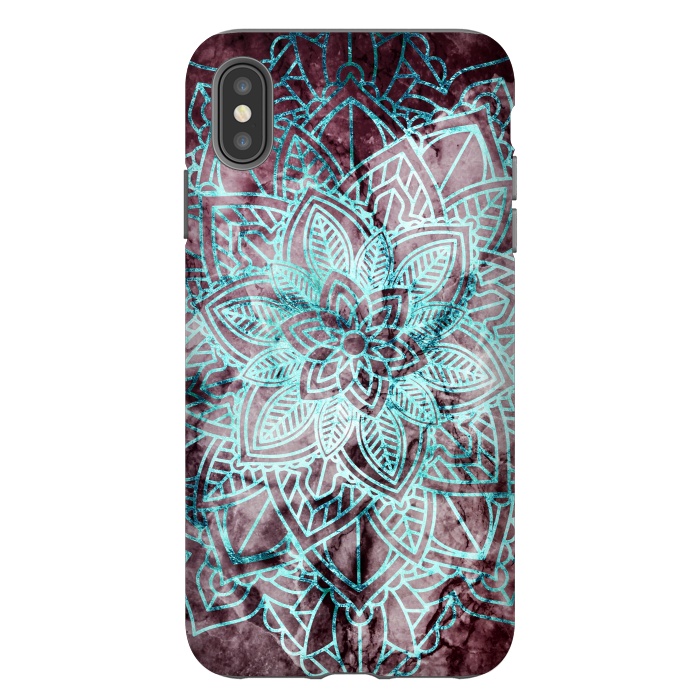 iPhone Xs Max StrongFit Blue metallic floral mandala on dark cherry red marble by Oana 